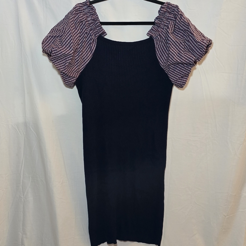 Anthropologie Maeve Navy Ribbed Knit Midi Dress Puff Sleeve Gingham, sz XL - Picture 5 of 10